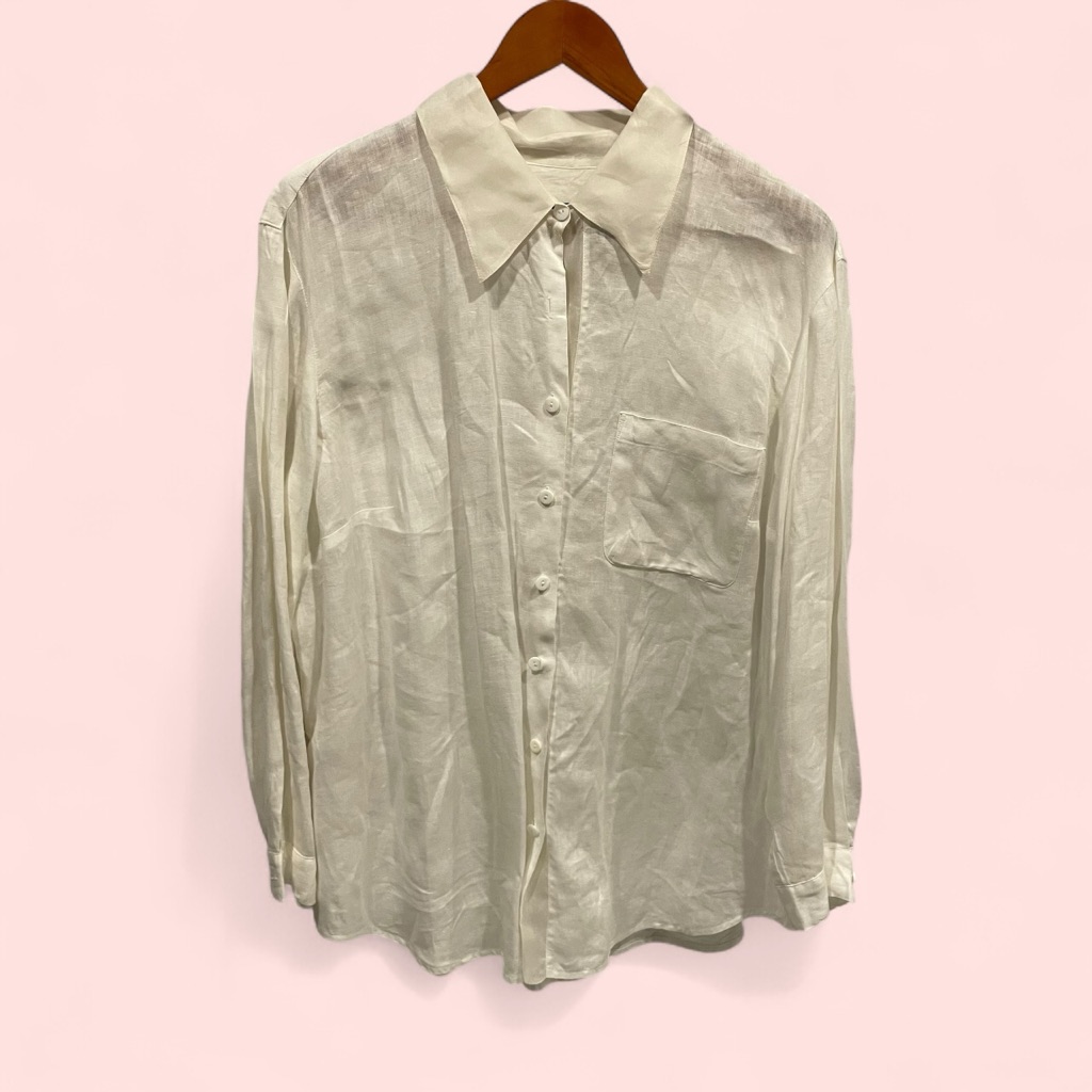 Vintage 90’s Cream Semi-Sheer Linen Blouse Pointy Collar Dana Buchman Luxury